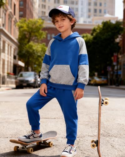 Image of 5-11Y Boys Clothes Long Sleeve Hooded Pullover Colorblock Sweatshirt + Pants 2pcs Fall Winter Outfit Set