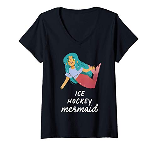 Mujer Chica Sirena Hockey Sobre Hielo Funny Deportes Cumpleaños Camiseta Cuello V