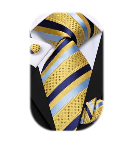 Image of Hi-Tie Mens Plaid Ties Classic Paisley Necktie with Handkerchief Cufflinks Set Business Stripe Tie