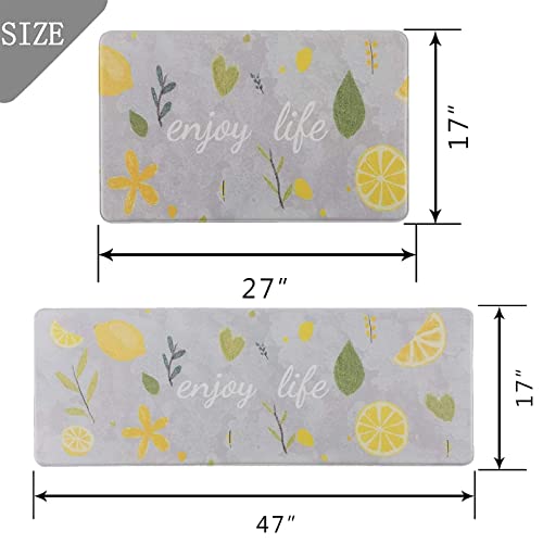 All Pride Kitchen Mat Non Slip Kitchen Rug 2Pcs Anti Fatigue Rugs Soft Washable Waterproof For Bathroom Floor Home Stand 17X27‘’+17X47‘’ Grey Lemon Large #TOP6