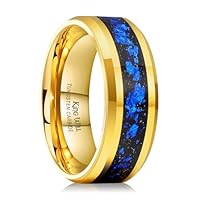 King Will Mens 8mm Gold Tungsten Wedding Band Ring - Blue Foils Inlay High Polished Beveled Edge Anniversary Engagement Promise Rings Comfort Fit, Size 11