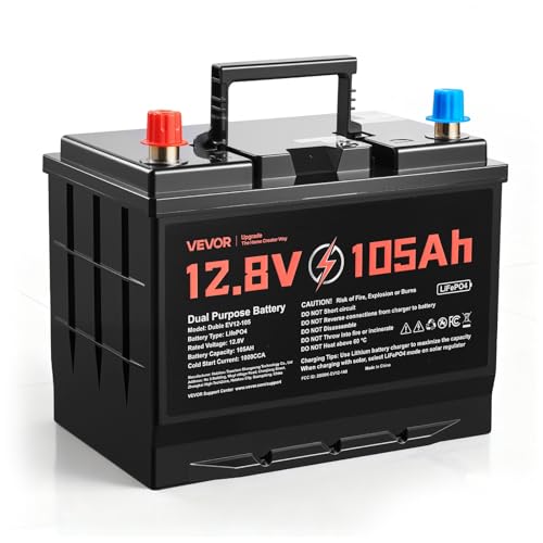 VEVOR 12V 105Ah LiFePO4 Dual Purpose Battery, 1000CCA BCI Group 24 Deep Cycle & Starter Lithium Battery, Built-in Smart BMS, Automotive Start-Stop for RV, Marine, Trolling Motor, Car & Engine Starting