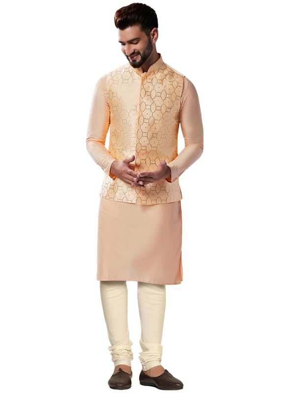 Image of KISAH Men Printed Kurta Jacket Set, Full Sleaves, Knee Length, Straight, Regular Fit, Mandarin Collar Ethnic Wear