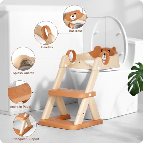 Rabb 1st Potty Training Seat, Upgrade Toddler Toilet Seat for Kids Boys Girls, 2 in 1 Potty Training Toilet for Kids, Splash Guard Anti-Slip Pad Step Stool（Brown）