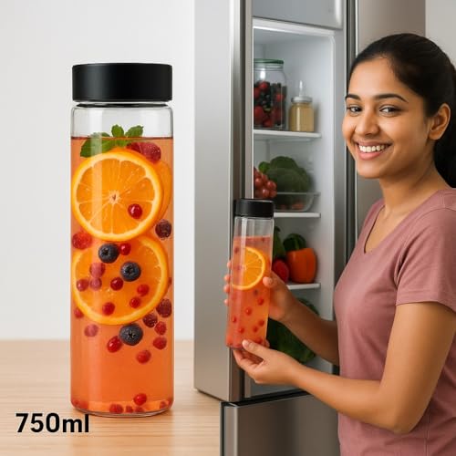 Image of 750ml Glass Water Bottles with Black Lids (Pack of 2) - Modern Textured Design - Airtight Plastic Cap - Premium Reusable Fridge Storage Containers for Juice, Milk, Iced Tea & Smoothies