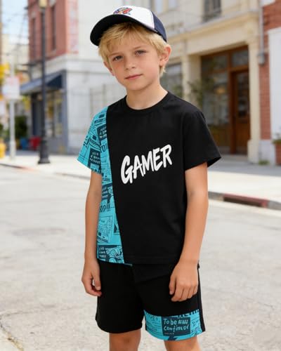Image of OLMRJKD Boys 2 Piece Outfits Short Sleeve Colorblock T-shirt and Shorts Summer Casual Clothes for 6-12 Years