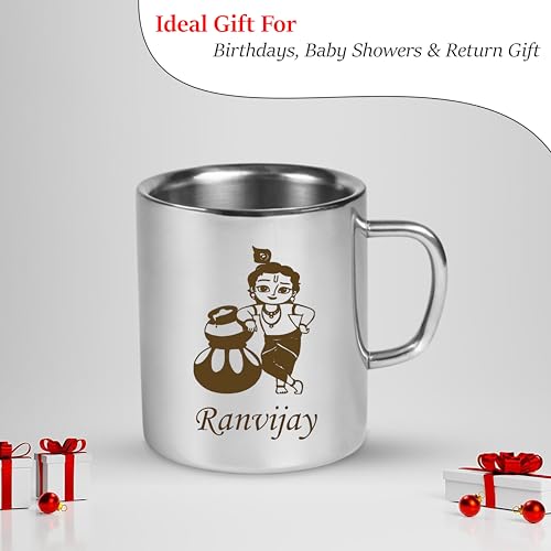 Image of SAVRI Personalized Stainless Steel Mug for Kids with Customized Name Engraved & Cartoon Design | 220 ml Double Wall Insulated Mug for School, Milk, Juice & Water (Krishna)