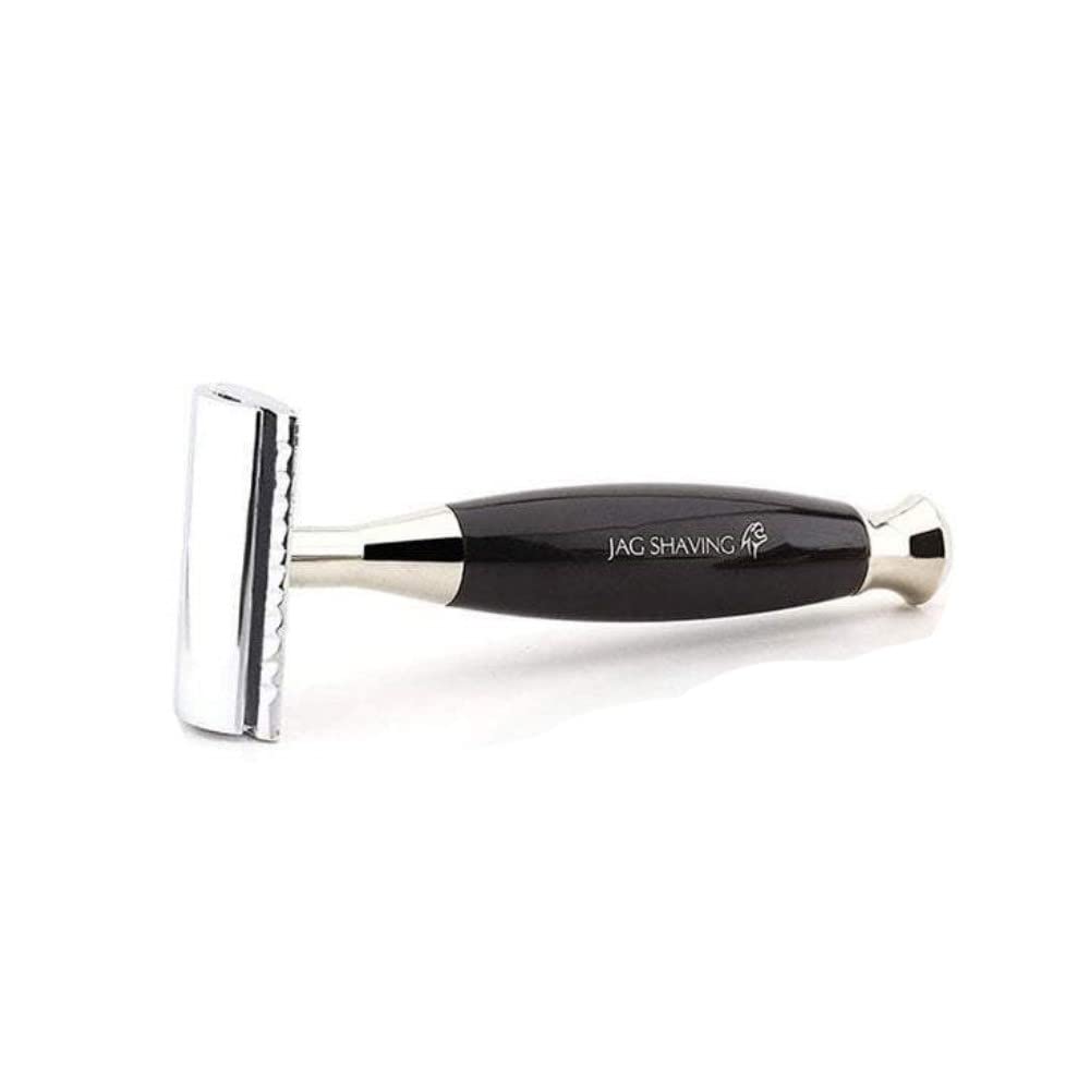 Jag Shaving Zestaw do golenia – 5-częściowy zestaw do golenia – JAG's LEE Range – pędzel do golenia z włosia borsuczego – podwójne ostrza do golenia – miseczka do golenia – stojak na golenie – torba skórzana – czarna