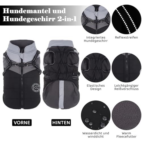 Savlot Wasserdichter Hundemantel Winter Warme Jacke Winddichte Haustierkleidung Hundejacke Outfit für kleine mittelgroße Hunde mit Geschirr Reflektierende Hundemäntel XS