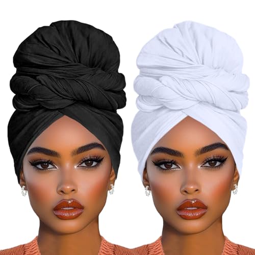 COOKOO 2 Piece Stretch Head Wrap Hijab Extra Jersey Turban Long Solid Color African Head Scarf Long Scarf Fashion Head Scarfs Lightweight Breathable Head Bands for Women(Black+White)