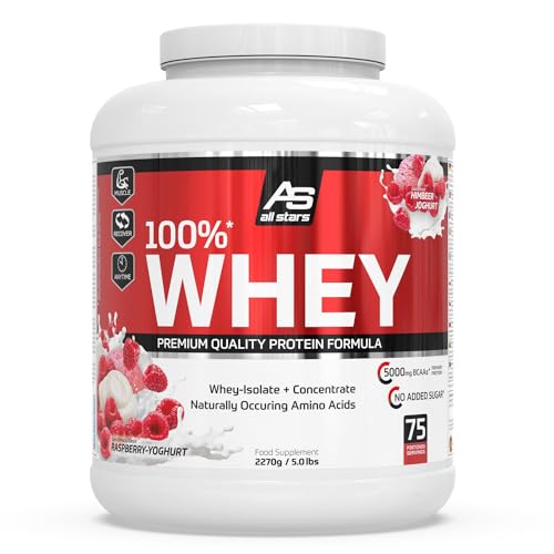 All Stars 100% WHEY PROTEIN 2270g I Eiweiß-Pulver mit Whey-Konzentrat & Isolat I leckeres Low-Fat Powder I hochwertiges Protein-Pulver I cremiger Protein-Shake mit Raspberry Yoghurt-Flavour