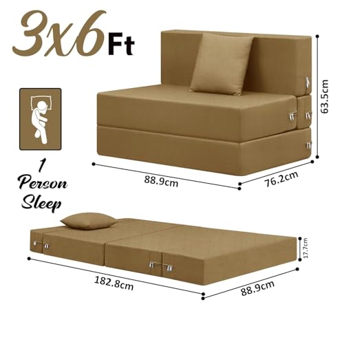 Image of Rosebell One Seater Foldable Sofa Cum Bed (3x6 Feet) Jute Fabric, Washable Removable Cover, | Space Saving Convertible Sofa Bed for Home, Office & Guests - Golden
