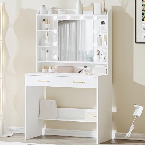 Hzuaneri Coiffeuse avec Miroir et éclairage LED, Luminosité Réglable, Coiffeuse avec étagères et 2 Tiroirs, Table de Maquillage pour Chambre à Coucher,...