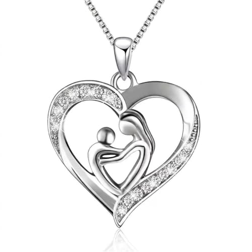 Visxcnu 1 Pieza Collar Corazón para Mujer Plata Colgante Madre e Hijo Regalo Día de la Madre Collar Amor de Mamá Joyas para Mujer Hija Cadena 45+5cm
