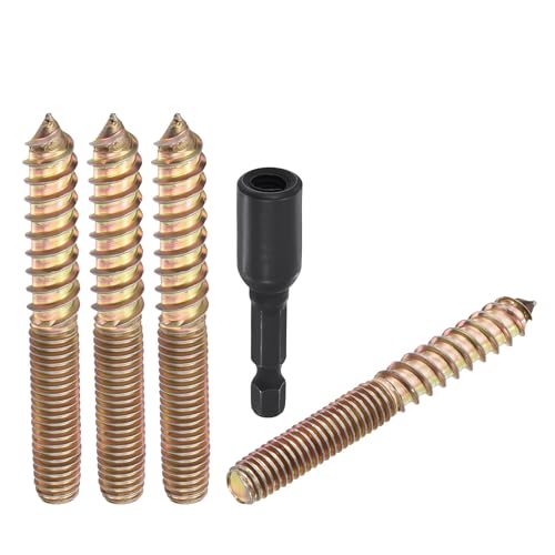 Kozelo 10pcs Hanger Bolts with Driver - [M8-1.25x65] Double Headed Wood Dowel Self Tapping Screw Set for Furniture Repair, Dual Ended Thread Rod Joint Blot, Colored Zinc Coating