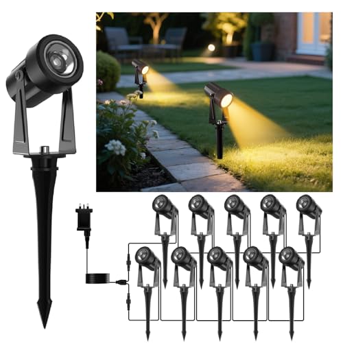 GLOBELIT Garden Spike Lights 150FT, 10-Pack 360° Adjustable Garden Spot Lights - IP65 Waterproof, 3000K Warm White, 30° Beam Angle - Ground/Wall Mount Outdoor LED Mains Powered (Black)