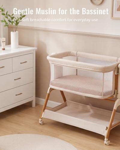 Image of Blissful Diary Muslin Bassinet Sheet, 2 Pack, Beige Gingham & Brown Gingham | fitted for bassinet mattress, soft and breathable cotton, boho style, easy care for machine wash, gift for boy and girl