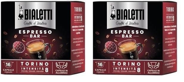 Bialetti Caffè d'Italia, Box 16 Capsule, Torino, Intensità 8, Compatibili con Macchine Bialetti sistema chiuso, 100% Alluminio (Confezione da 2)