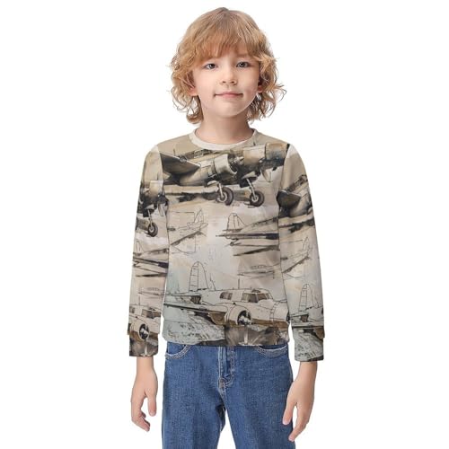 Retro Old Airplanes DrawingChildren's Casual Pullover Sweatshirt Loose Fit6-7Y