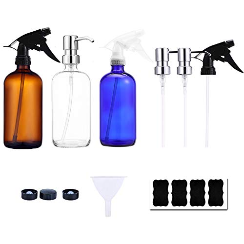 Spray Bottle Boston Round Pump Dispensers Essential Oils Glass Empty Bottles Cobalt Blue Clear with Screw Cap Funnel Labels for Lotions Liquid Soaps (Blue)
