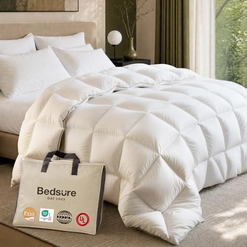Bedsure Feather Down Comforter Queen Size, Luxurious Fluffy Hotel Duvet Insert with Storage Bag & 8 Corner Tabs, PureWoven Ultra Soft Cotton Blend Fabric, All Season Comforter, 90x90 Inches, White
