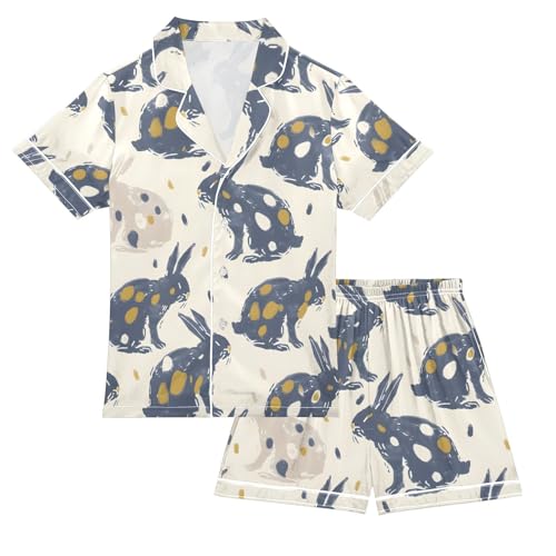 ALAZA Rabbit Bunny Easter Painting Pajamas Satin Pajama Set Short Sleeve Button Down Sleepwear