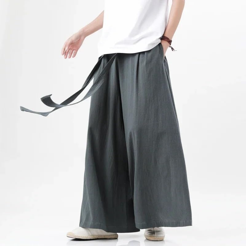 Chinese Style Linen Cotton Retro Pants Man Summer Kimono Solid Color Male Streetwear Casual Wide-Leg Trousers3