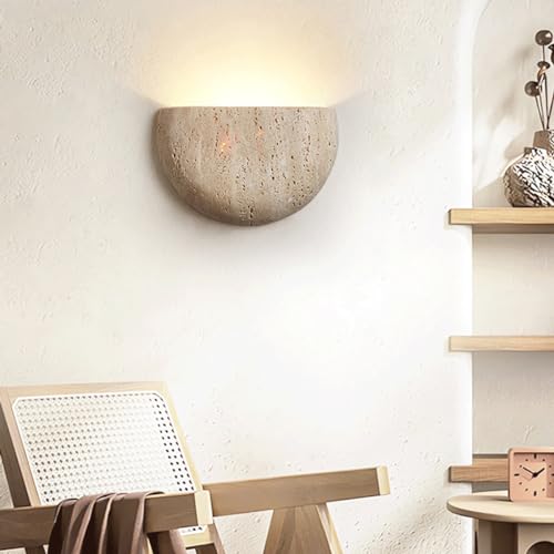 Image of Semi Circle Yellow Travertine Wall Lamp Japanese Style Wabi-Sabi Art Lighting Fixture Half Moon Marble Wall Sconce Natural Stone Bedside Wall Light For Foyer Bedroom Stairs