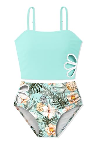 ALISISTER Teen Girl Swimsuits Size 12 14 Kids Bathing Suits for Teens Girl Tankini Bikini Sets 2 Piece Juniors Adjustable Strap Cut Out Mint Green Swimwear Swim Swimming Suit