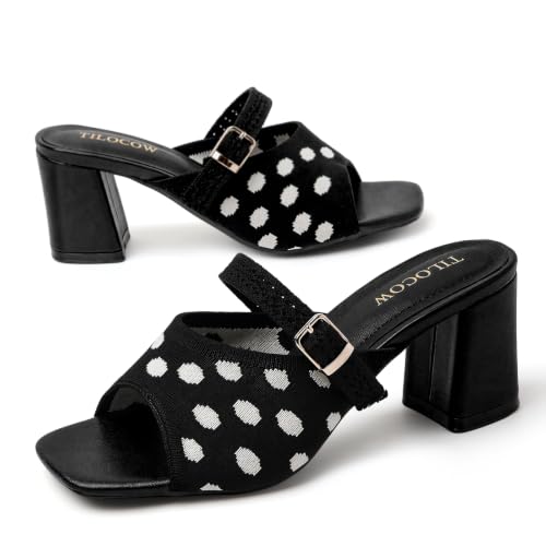 Image of Tilocow Knit Heeled Sandals for Women Square Open Toe Heeled Mules Chunky Block Low Heel Slip On Slides