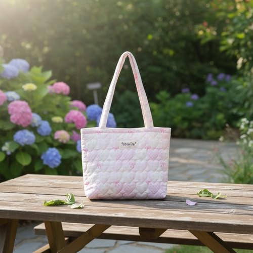 Image of Floral Quilted Cotton Shoulder Bag for Women Daily Use Medium Size Handbag Large Capacity Thickened Design Tote