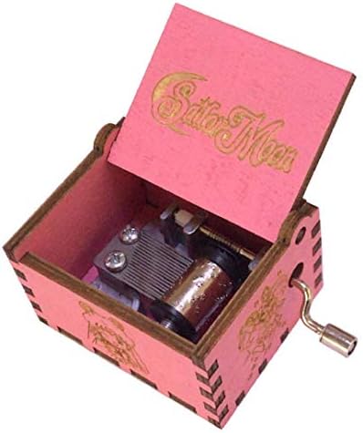 ygnjhol Sailor Moon Music Box Hand Crank Musical Box Carved Wooden,Play Sailor Moon Theme Song,Pink