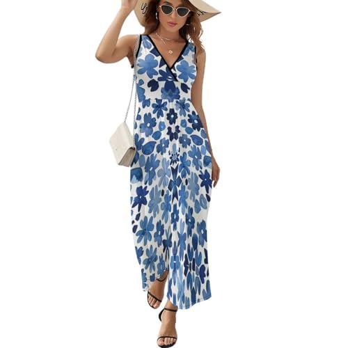 Robe longue fluide bleue et blanche imprimé de caractère