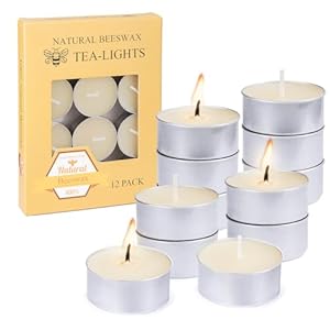 Natural Ivory White Beeswax Tealight Candles in Metal Aluminum Cup – Organic Small Candle Natural Scent Smokeless 4-5 Hours Burning – Pack of 12