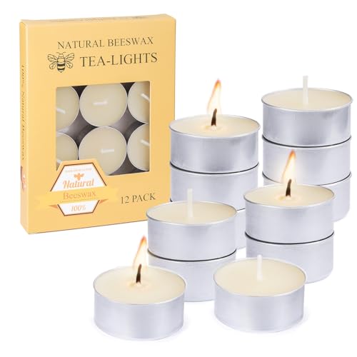 Natural Ivory White Beeswax Tealight Candles in Metal Aluminum Cup – Organic Small Candle Natural Scent Smokeless 4-5 Hours Burning – Pack of 12