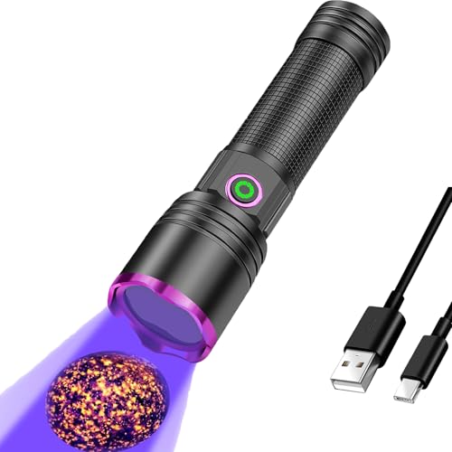 XLENTGEN Torcia UV Ricaricabile LED 365nm, 20W Lampada UV, Torcia Ultravioletti a Luce Nera Impermeabile per Rilevatore di Urina di Cane、Gatto, Banconote,Torcia Ultravioletti per la Pulizia