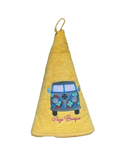 Torchon Rond brodé – Van aux Couleurs du Pays Basque – 100% Coton – Souvenir Basque – Déco Cuisine Originale et Artisanale (Jaune)