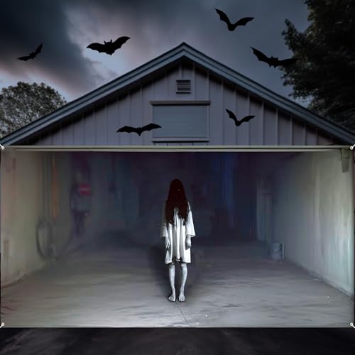 Threehoney Large Halloween Scary Garage Door Cover Banner Halloween Garage Door Decorations Backdrop Wall Background Party Decorations for Home Outdoor Holiday Wall Decor(6x13ft Ghost)