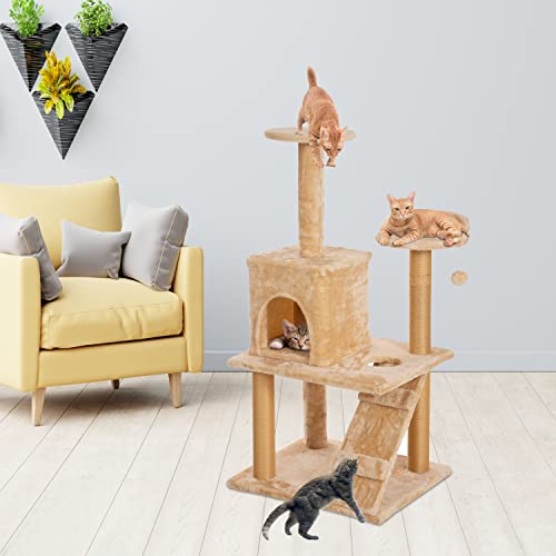 Image of Callas Large Cat Tree Tree with Sisal Scratching Posts, Dangling Balls, Stairs and 1 Big House | Cat Tower Furniture Kitty Activity Centre Kitten Play House (Height-46 Inch|Cat-401-Cream)
