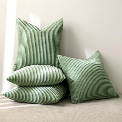 Image of MIULEE Boho Farmhouse Throw Pillow Covers 18x18 Inch Set of 4 Mordern Nordic Cushion Covers Soft Corduroy Spring Home Decor for Couch Bed Sofa Living Room Sage Green