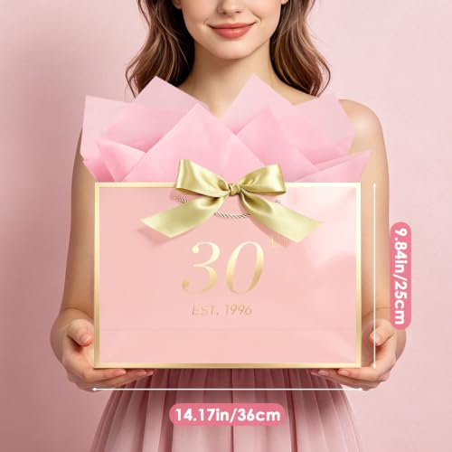 Image of JMANNI Birthday Gift Bag with Card and Tissue Paper for Men Women Him, Elegant Pink Gold Anniversary Keepsake Party Present Shopping Paper Bags for Gifts Wrapping Pink / 13 inch Large /EST.1996 30th