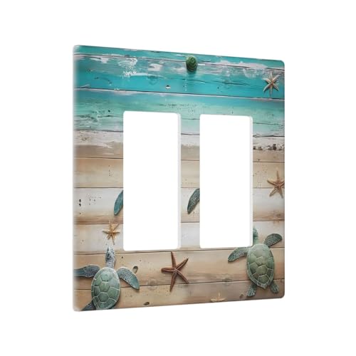 Decorative Outlet Covers Turtle Starfish Beaches Blue Wood Plank 2 Gang Wall Plate Double Rocker Two Switch Wall Cover Plate Jumbo Dual Gfci Faceplate for Bathroom Decor