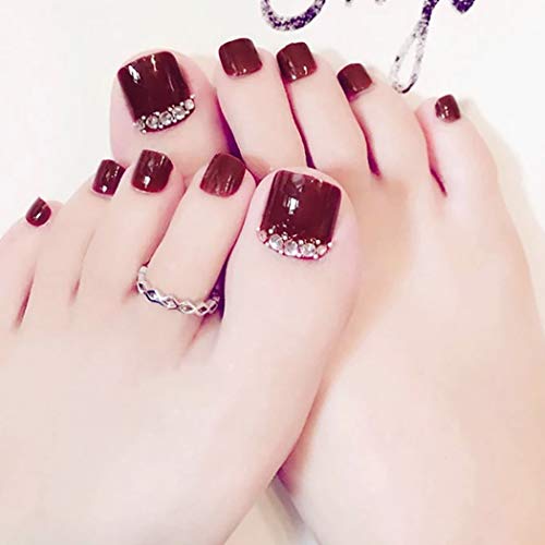 Cagora Glossy Fake Toenails Red Crystal False Toe Nail Full Cover Square Toenail for Women and Girls 24PCS