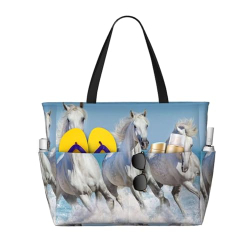 Sac de plage trois chevaux blancs grand format avec poignées souples femme