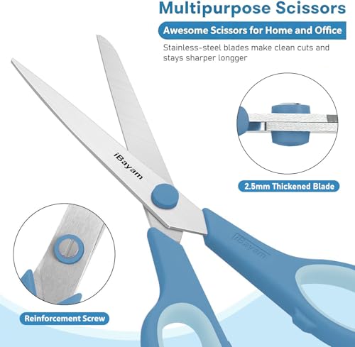 Image of iBayam 8.5 inch Pastel Scissors All Purpose Heavy Duty 3Pack, 2.5mm Sharp Blade | Soft Comfort-grip | Left /Right Handed | Cuts cardboard, fabric, vinyl & leather | office, classroom, school & craft desk
