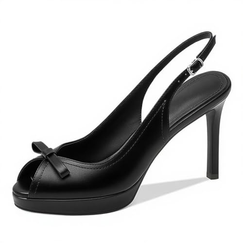 LEMUTISME Women's Stylish Peep Toe Bowknot Adjustable Buckle Backstrap Slingback High Heel Dress Pumps Sexy Patent Leather Platform Stiletto Heel Sandals for Women Party Wedding