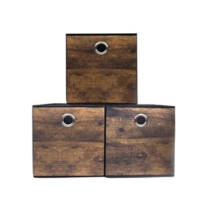 Stylish Thickened Fabric Storage Box with Wood Grain,Sturdy Storage Cube Bin,Foldable Basket storage Organiser unit for Shelf,Bookcase,Wardrobe,Bedroom,Storeroom,Nursery,Office,Dorm,3 Pack(26x26x28cm)