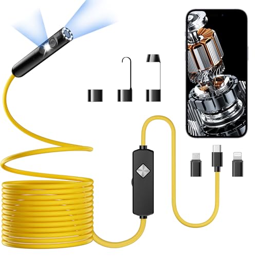 Endoscope with Light, 1920P HD Borescope with 8 Adjustable LED Lights, 16.4FT Semi-Rigid Snake Camera, IP67 Waterproof Inspection Tool for iPhone & Android - Dual Lens (Yellow)