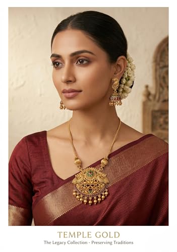 Image of Traditional Gold-Plated Lakshmi Temple Pendant Necklace Set for Women | Antique South Indian Jewelry with Jhumka Earrings | Ethnic Bridal, Wedding & Festive Jewelry Set