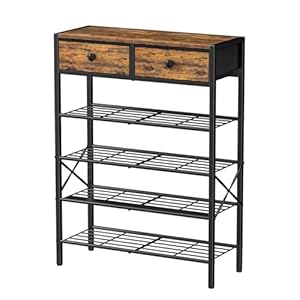 5 Tier Entryway Shoe Rack, Shoe Storage Organizer with 2 Drawers, Metal Shoe Shelf for 16-20 Pairs with Wooden Top for Closet, Rustic Brown